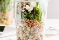 Mason Jar Chickpea, Farro & Greens Salad with Lunch-Packing Tips