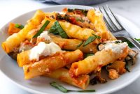 Cheesy Vegetable Baked Ziti with Roasted Tomatoes and Spinach