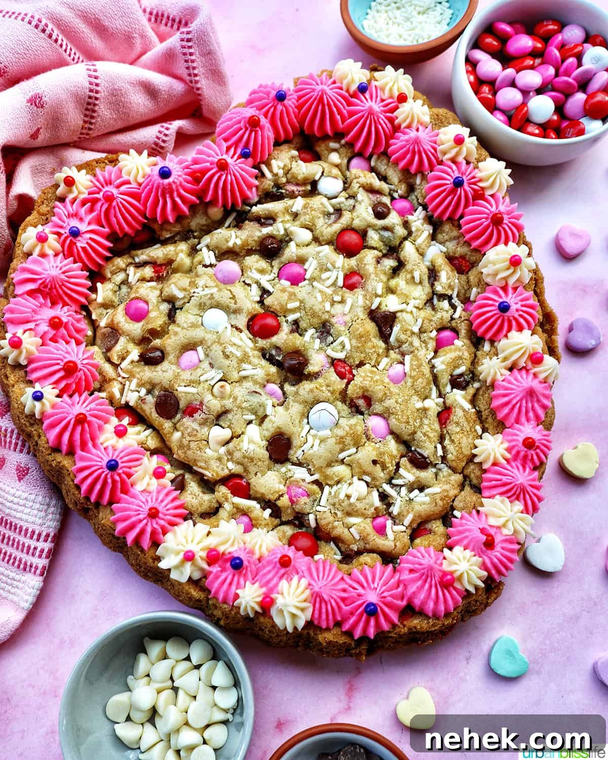 A heart-shaped Valentine's Day cookie cake with pink and white vanilla frosting and red, white, and pink M & M decorations.