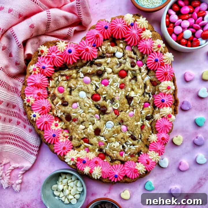 A Valentine's Day Cookie Cake with pink frosting, pink, red and white M & M candies, conversation hearts candies sprinkled around the cookie cake, and white sprinkles.