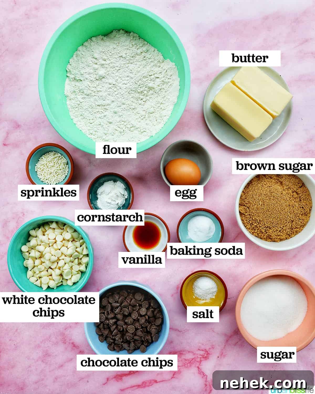 bowls of ingredients to make Valentines cookie cakes.