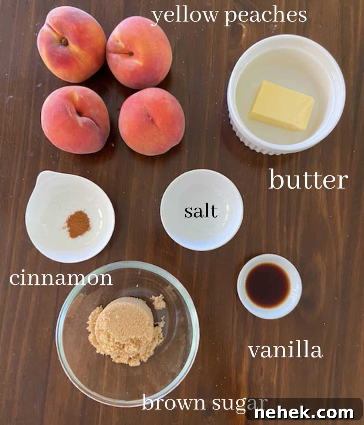 Skillet Caramelized Peaches with Brown Butter and Vanilla 3 Caramelized peach recipe ingredients on wooden table.