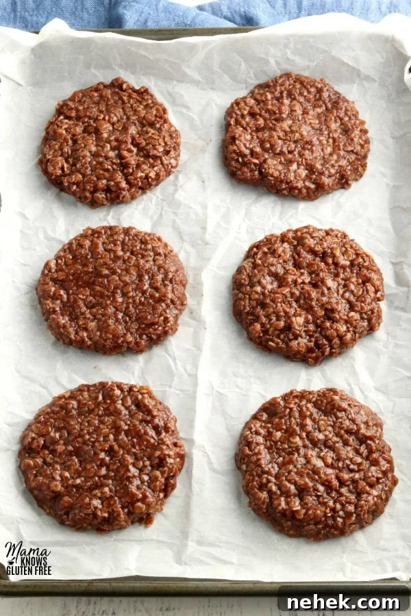 Gluten-Free No-Bake Cookies with Dairy-Free & Vegan Options 4 gluten-free no-bake cookies on a baking sheet