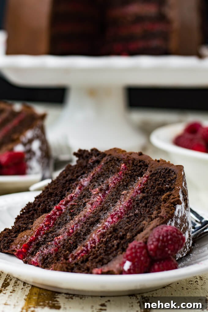 A piece of 4 layer chocolate raspberry cake sits on a white place. The cake sits in the background.