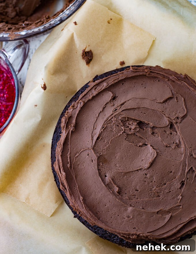 A round layer of a chocolate cake is frosted with chocolate icing. The cake sits on a cake plate with parchment paper