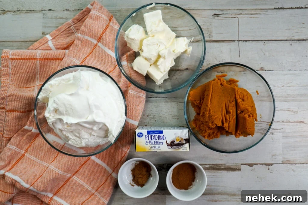 All the ingredients to make cream cheese pumpkin dip.