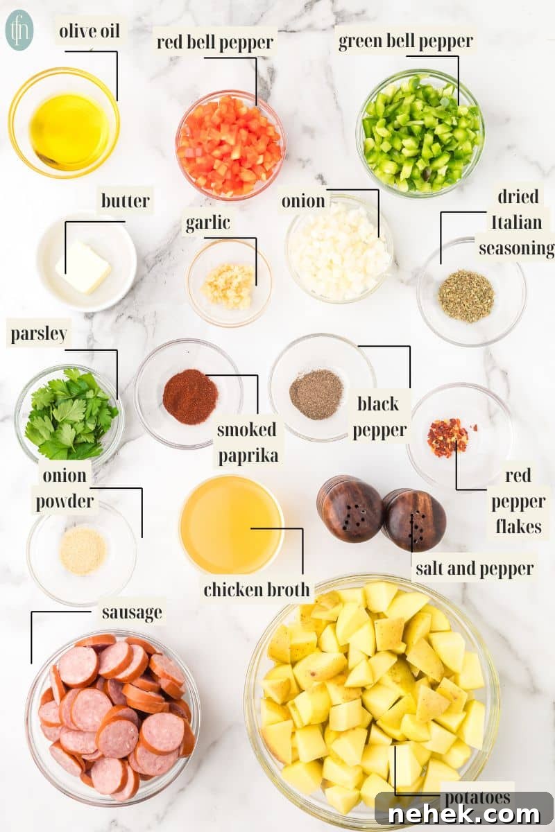 a graphic image of labeled ingredients for sausages and potatoes in slow cooker.
