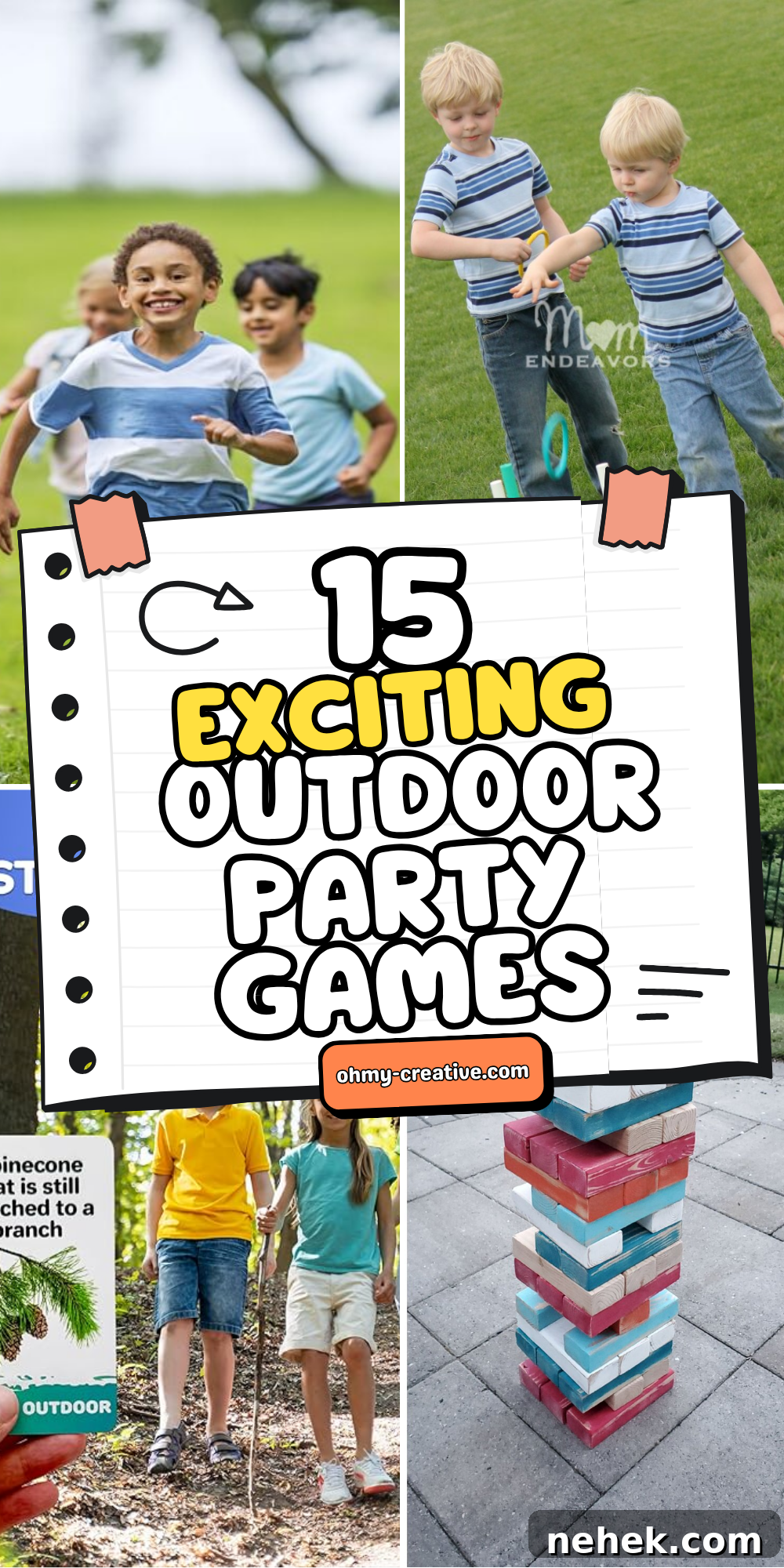 A collage image of Outdoor Party Games for every season and every kind of outdoor space, big or small.