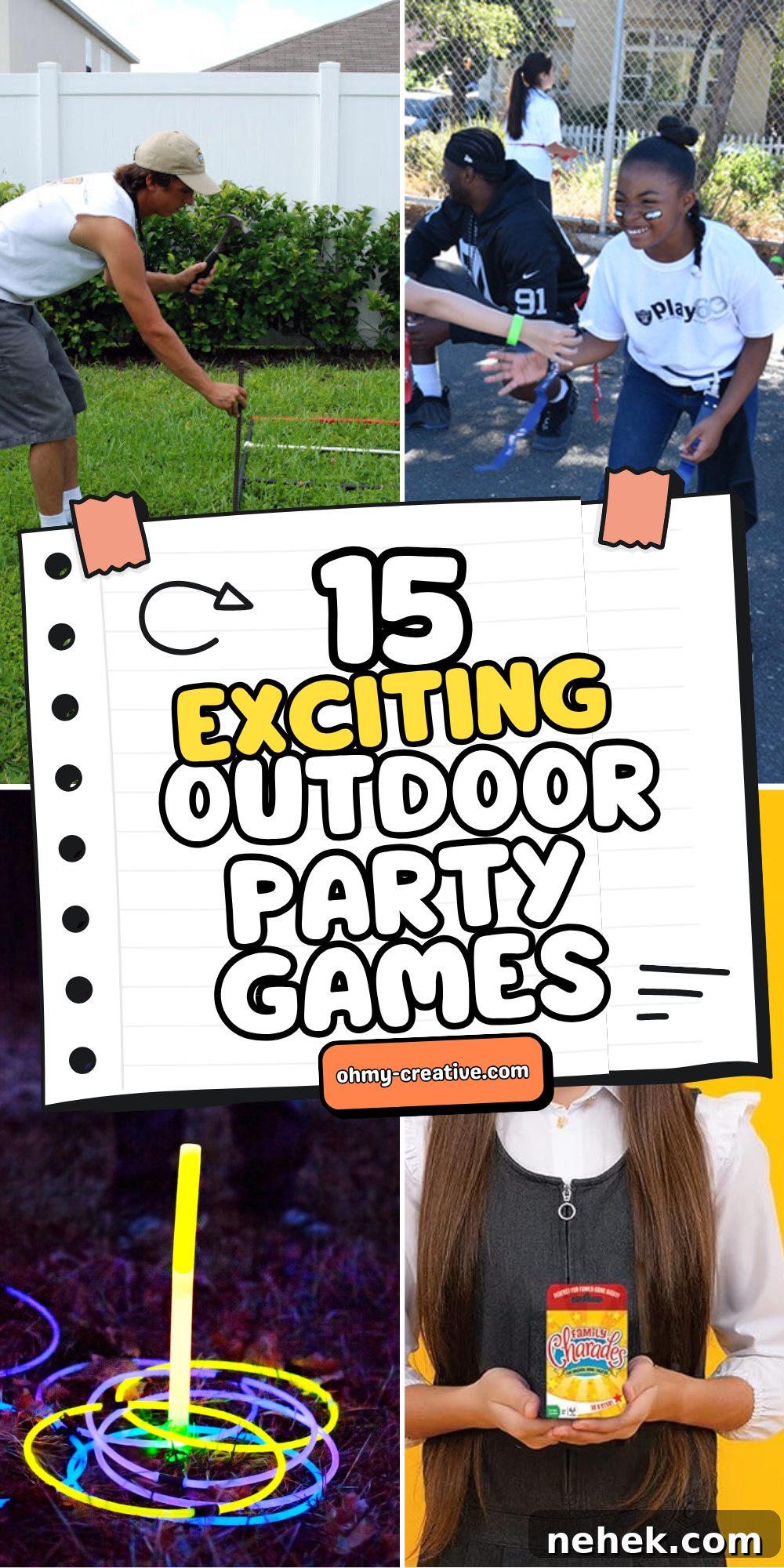 A collage image of Outdoor Party Games for every season and every kind of outdoor space, big or small.