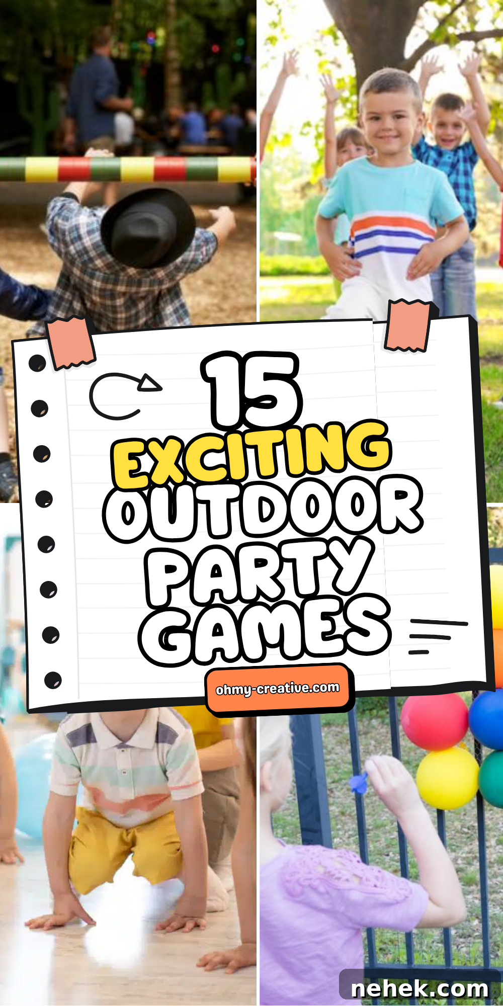 A collage image of Outdoor Party Games for every season and every kind of outdoor space, big or small.