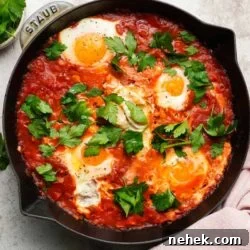 Shakshuka dish with poached eggs in tomato sauce, garnished with fresh parsley.