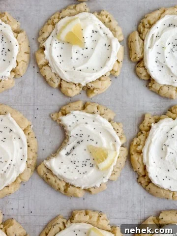 lemon poppyseed cookies with a bite missing from one.