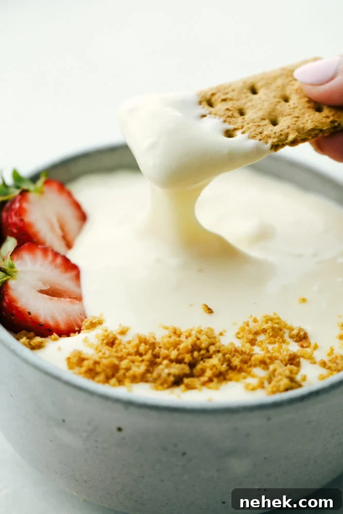 Dipping a graham cracker into cheesecake dip.