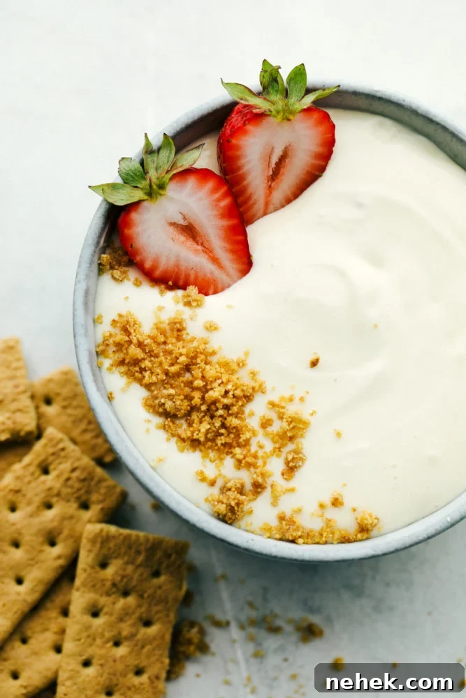 Graham cracker crumbles and strawberries garnishing cheesecake dip.