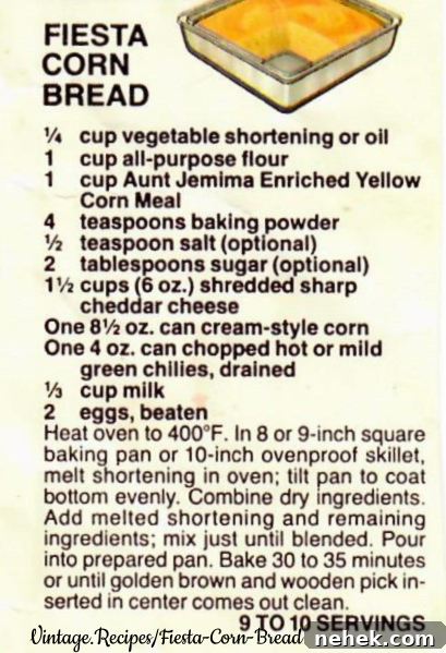 A clipped recipe from Aunt Jemima Enriched Yellow Corn Meal for Fiesta Corn Bread.