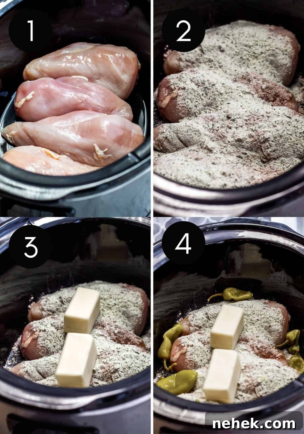 Slow-Cooker Mississippi Chicken with Creamy Sauce and Peppers 4 Prep image showing chicken in crockpot then being prepped with four numbered images.