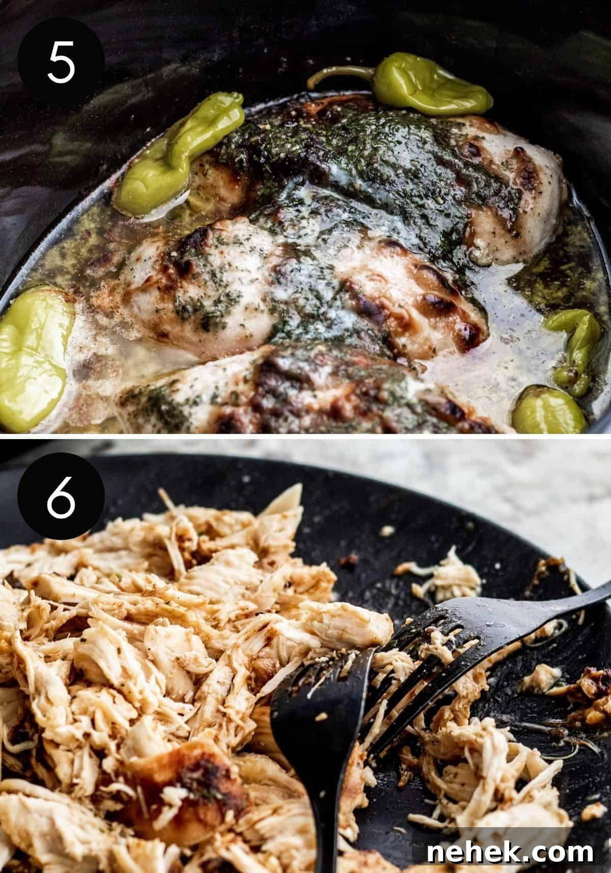 Slow-Cooker Mississippi Chicken with Creamy Sauce and Peppers 5 Cooked chicken in crockpot then being shredded on black plate with forks.