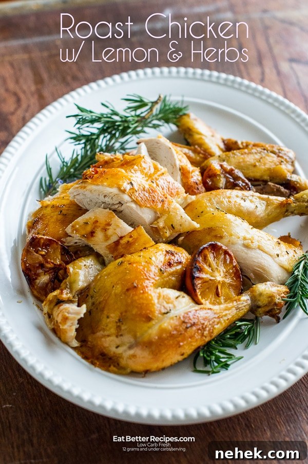 Roast Chicken Recipe with Lemon, Garlic and Herbs | EatBetterRecipes.com Roast Chicken Recipe with Lemon, Garlic and Herbs on a plate