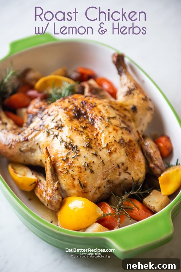 Roast Chicken Recipe with Lemon, Garlic and Herbs | EatBetterRecipes.com Baked chicken with Lemon, Garlic and Herbs in a ceramic baking bowl