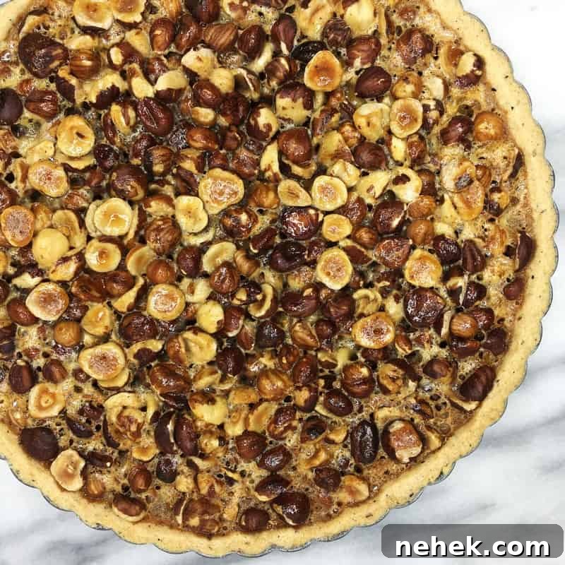 Honey Hazelnut pie in a pan: Overhead view