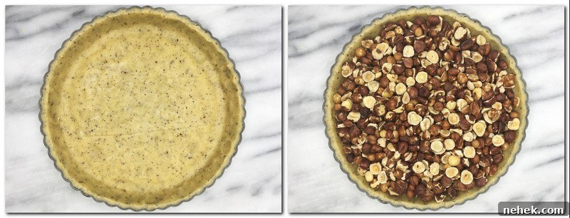 Photo 5: A pan with the lined pie dough  Photo 6: Nuts inside the pie crust