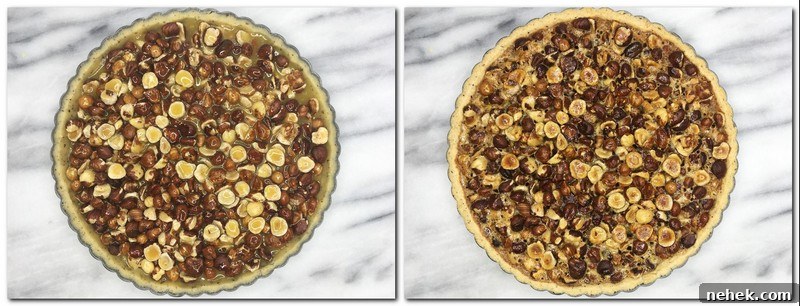 Photo 7: Nuts covered with the pie filling in a pan Photo 8: Baked pie in a pan