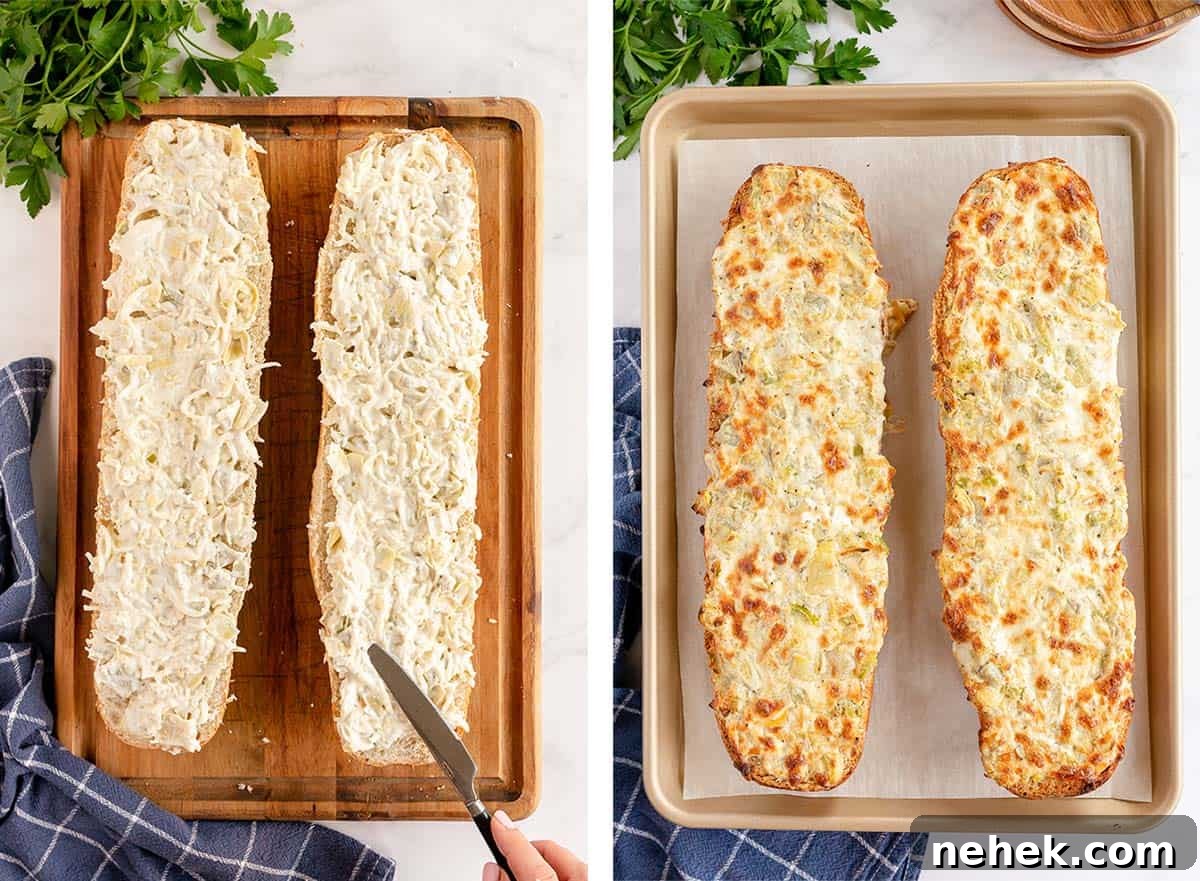 An artichoke mixture being spread on a halved loaf of French bread.