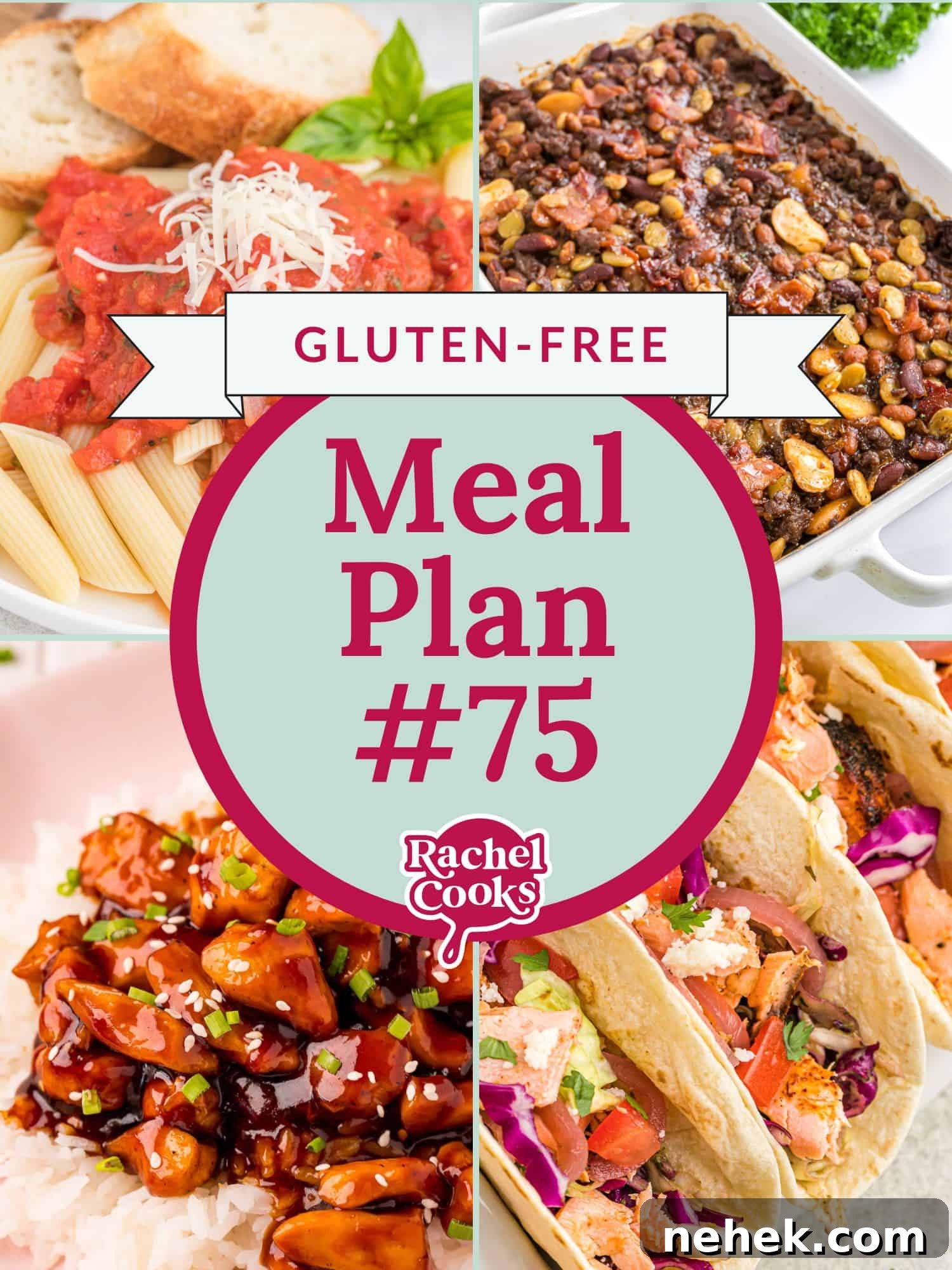 Meal plan 75, labeled gluten-free, preview image with text and photos.