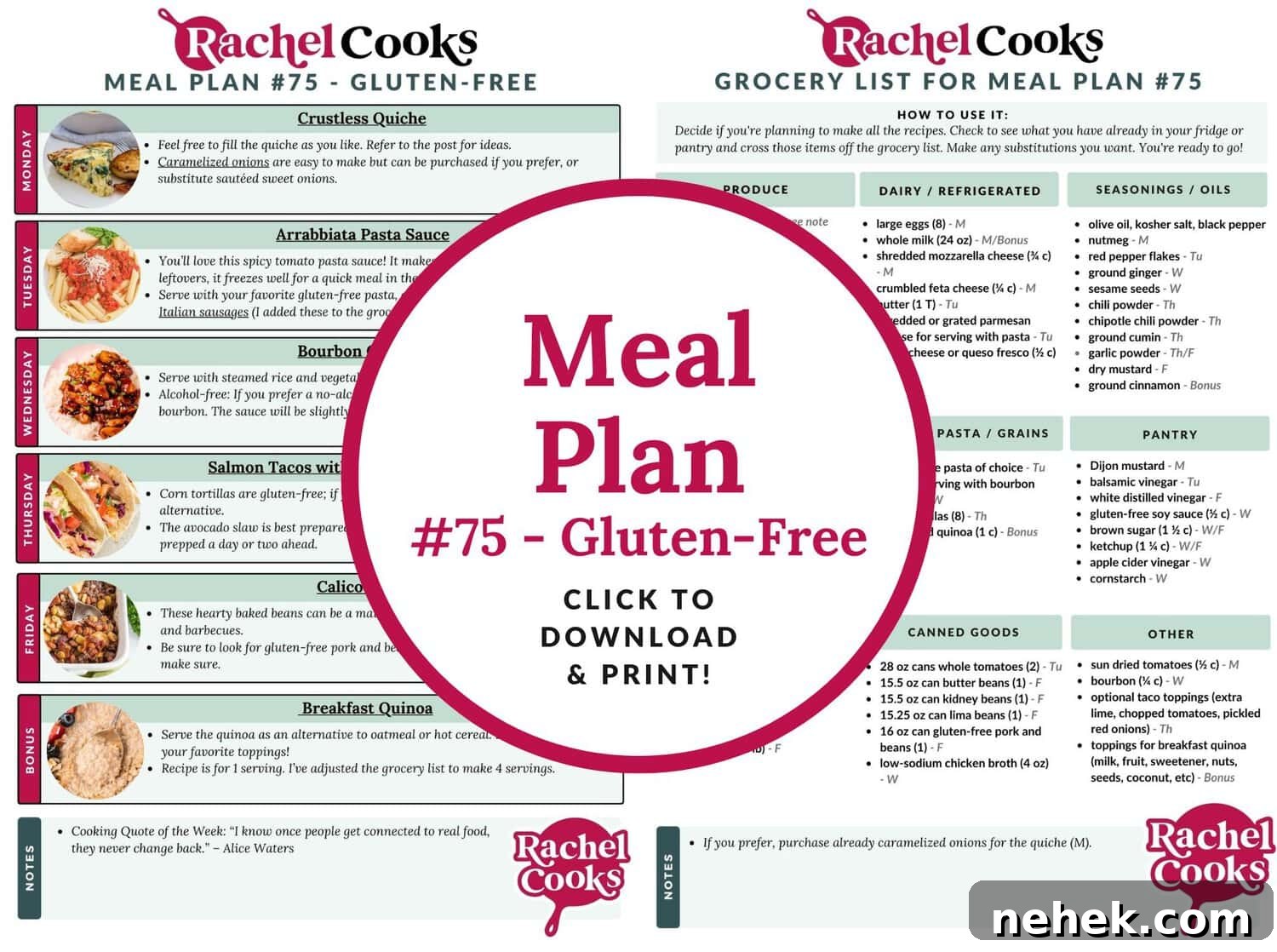 Meal plan 75, a gluten-free meal plan, preview image with a view of both pages.