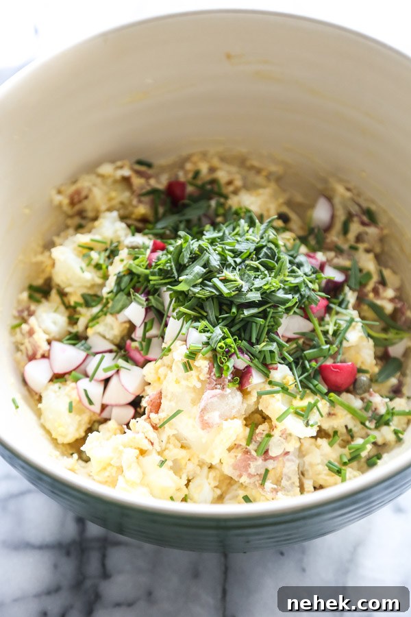 Served creamy red potato salad