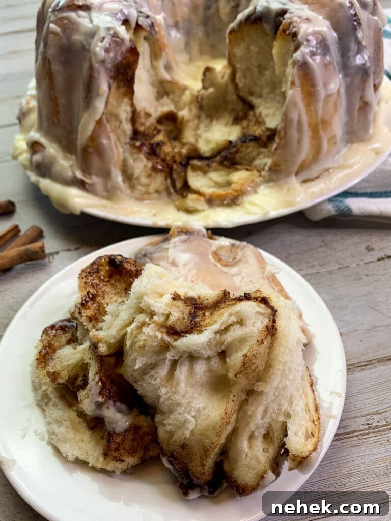 Pull-Apart Monkey Bread Recipe: Sticky Cinnamon Dinner Roll Pull-Aparts 3 Close up of monkey bread so you can see the cinnamon swirl in the middle.