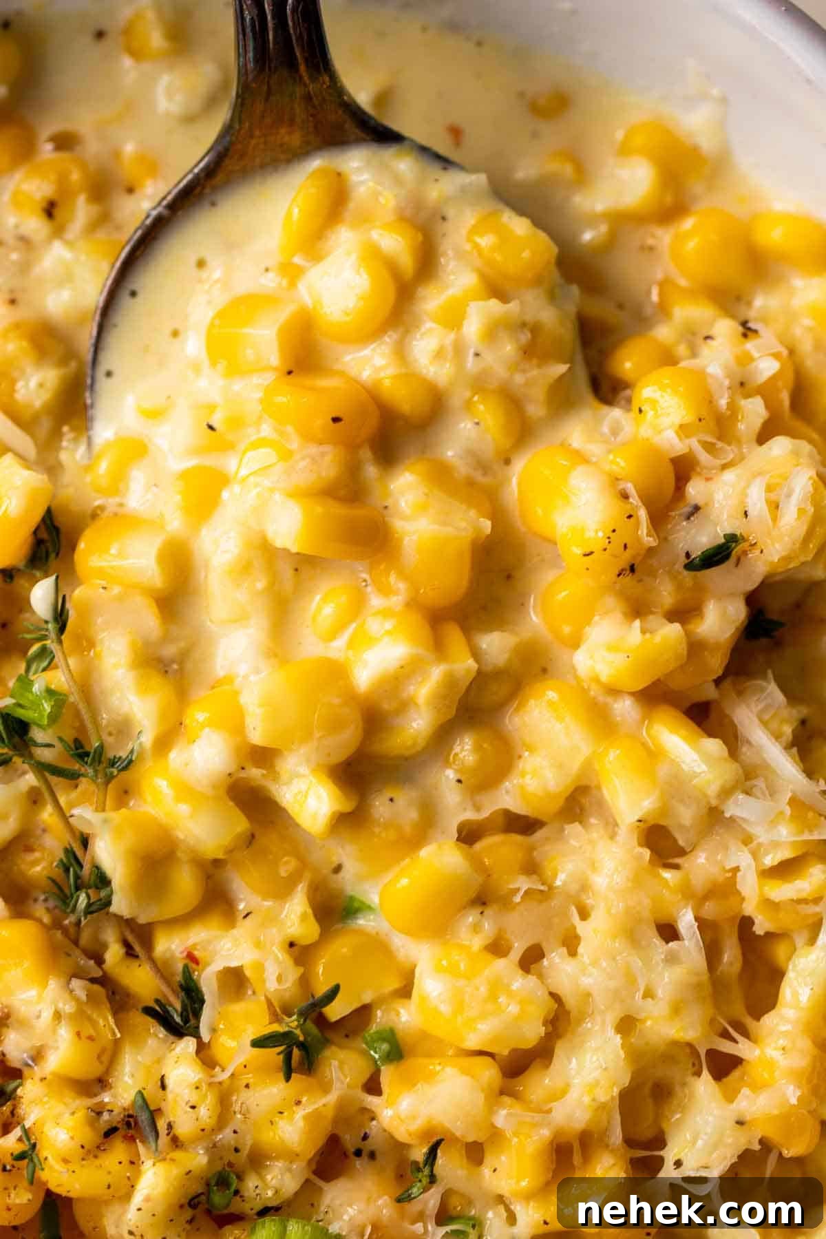 Up close view of homemade creamed corn showing the creamy texture.