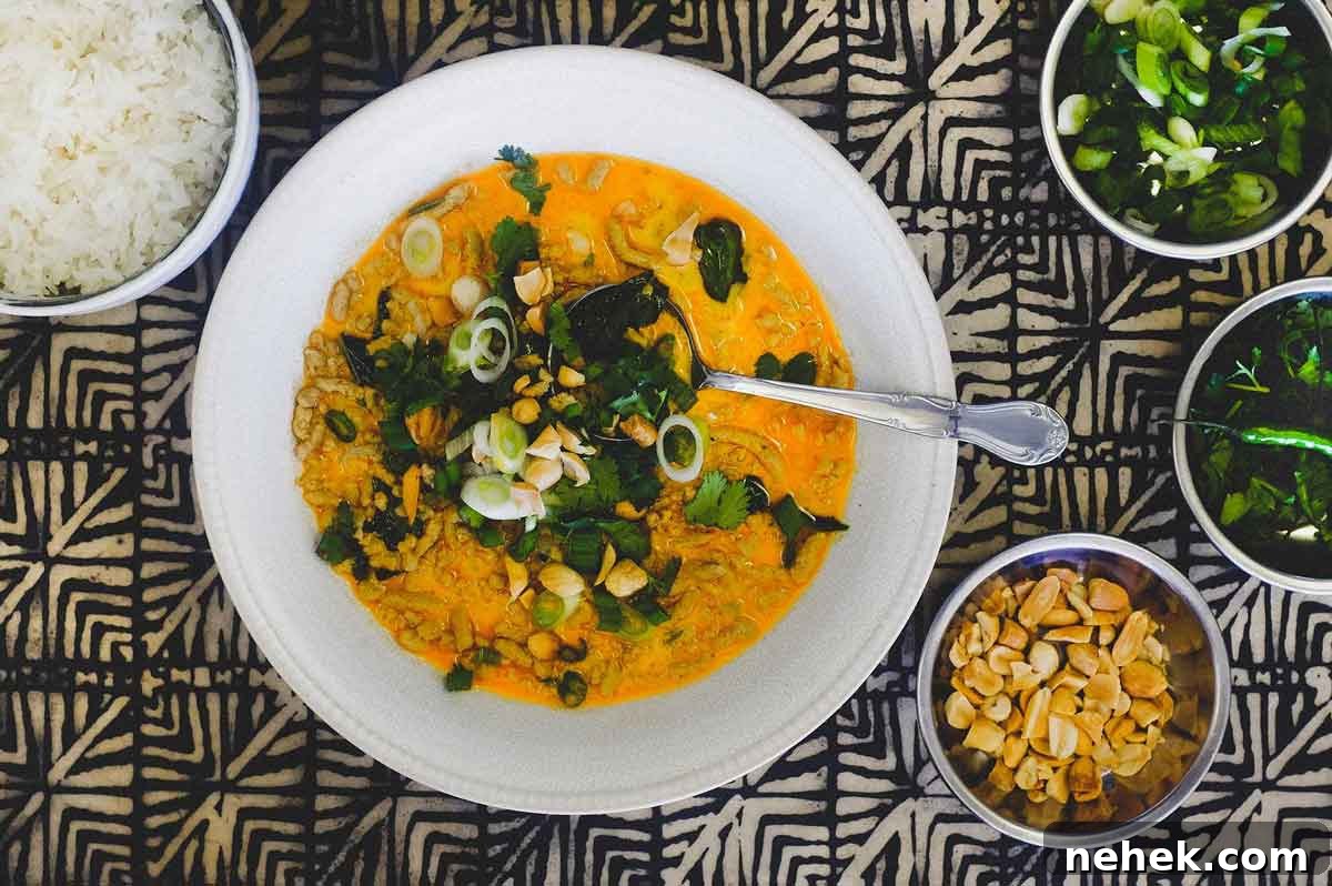 A bowl of Thai yellow curry with minced pork. Surrounding the bowl are smaller bowls of spring onions, cilantro, peanuts and jasmine rice.