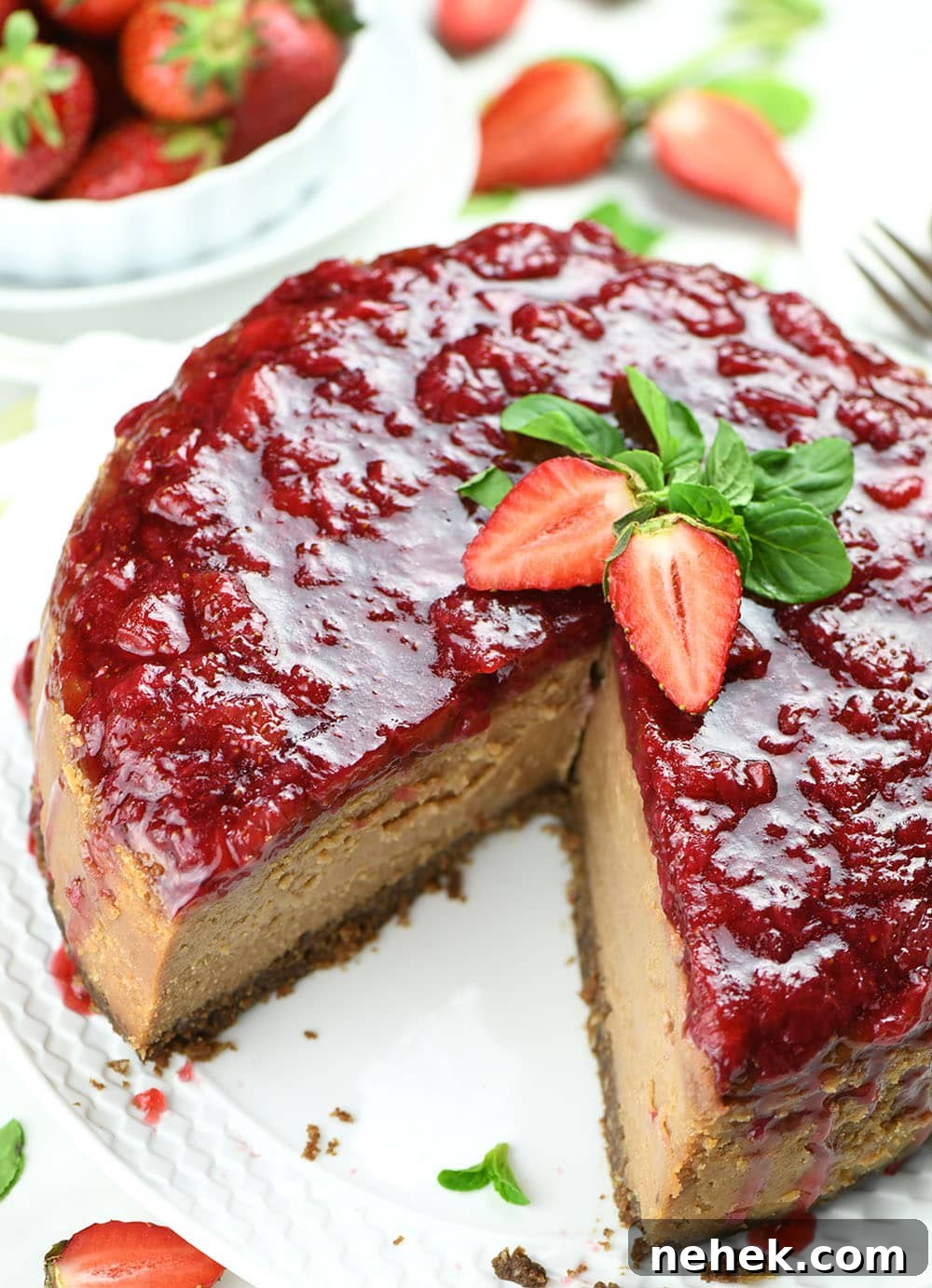 Image of Strawberry Chocolate Cheesecake from top.