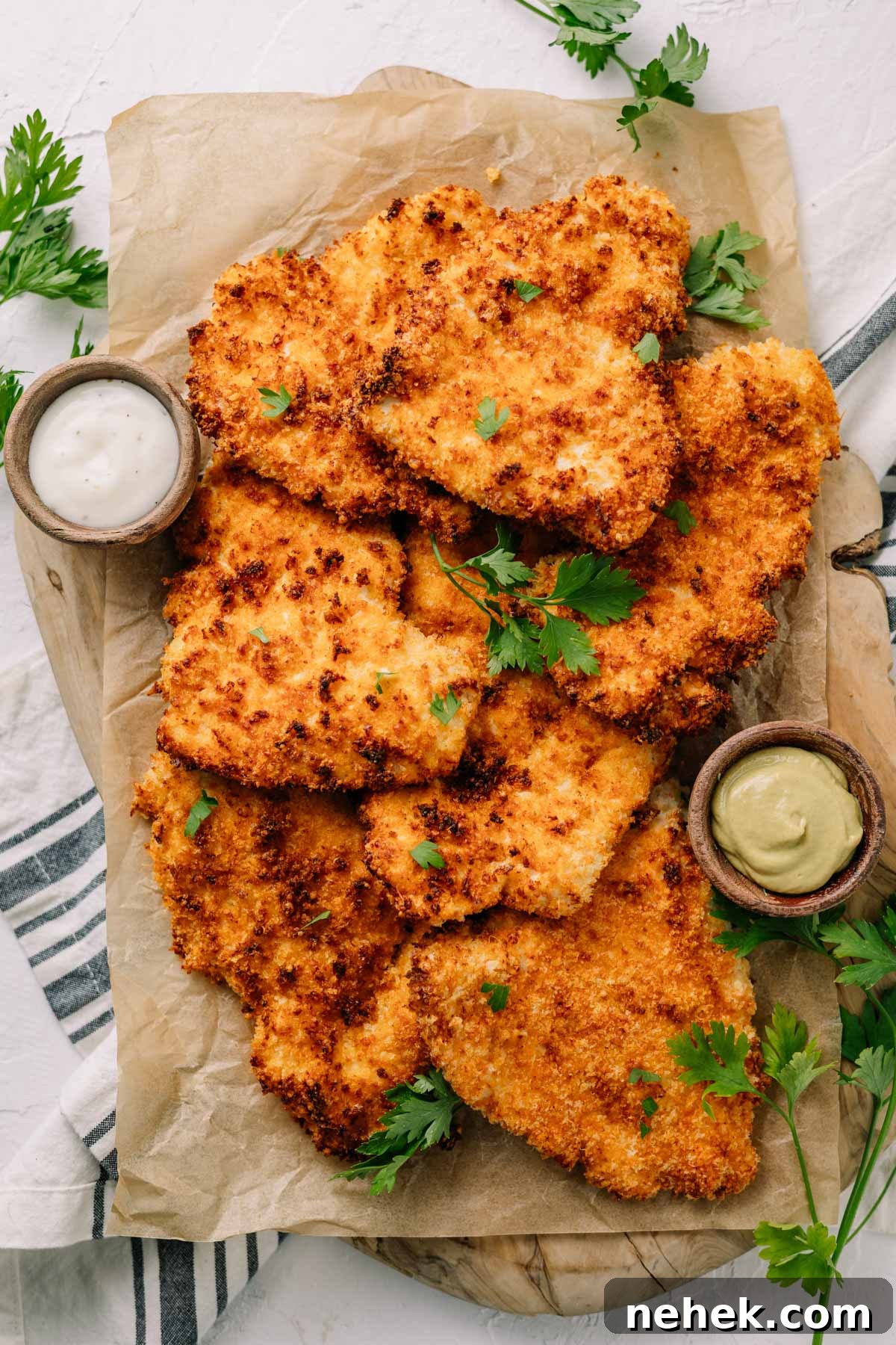 A plate of crispy, golden air fryer chicken cutlets on brown paper with dipping sauce, garnished with parsley, on white background