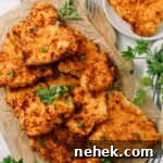 a plate of crispy, golden air fryer chicken cutlets on brown paper and cutting board with white background