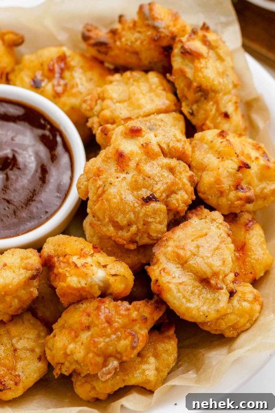 homemade popcorn chicken on plate with dipping sauce