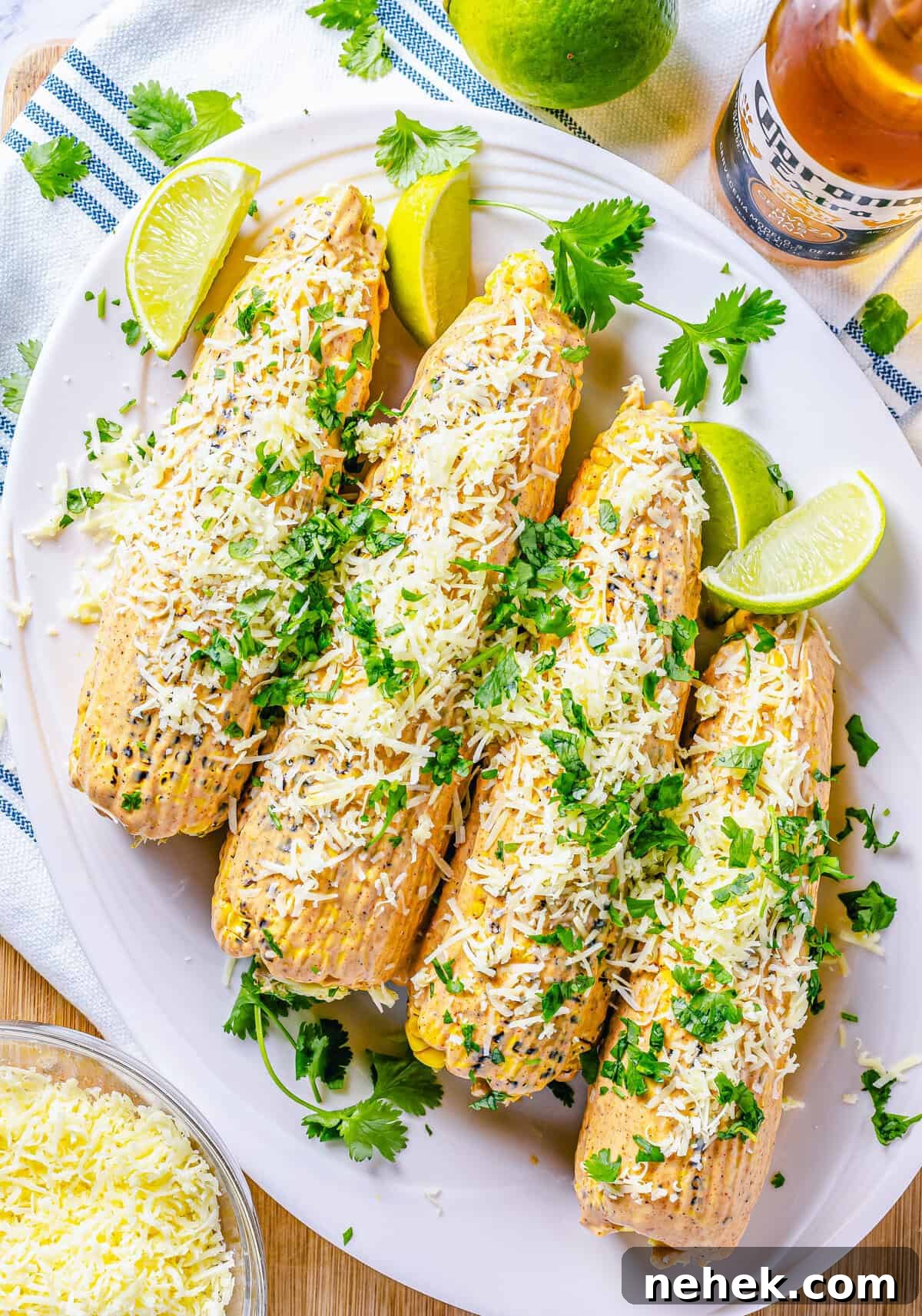 Smoky Chipotle Street Corn (Mexican Elote) Recipe 2 Overhead of finished Mexican Street Corn on white platter