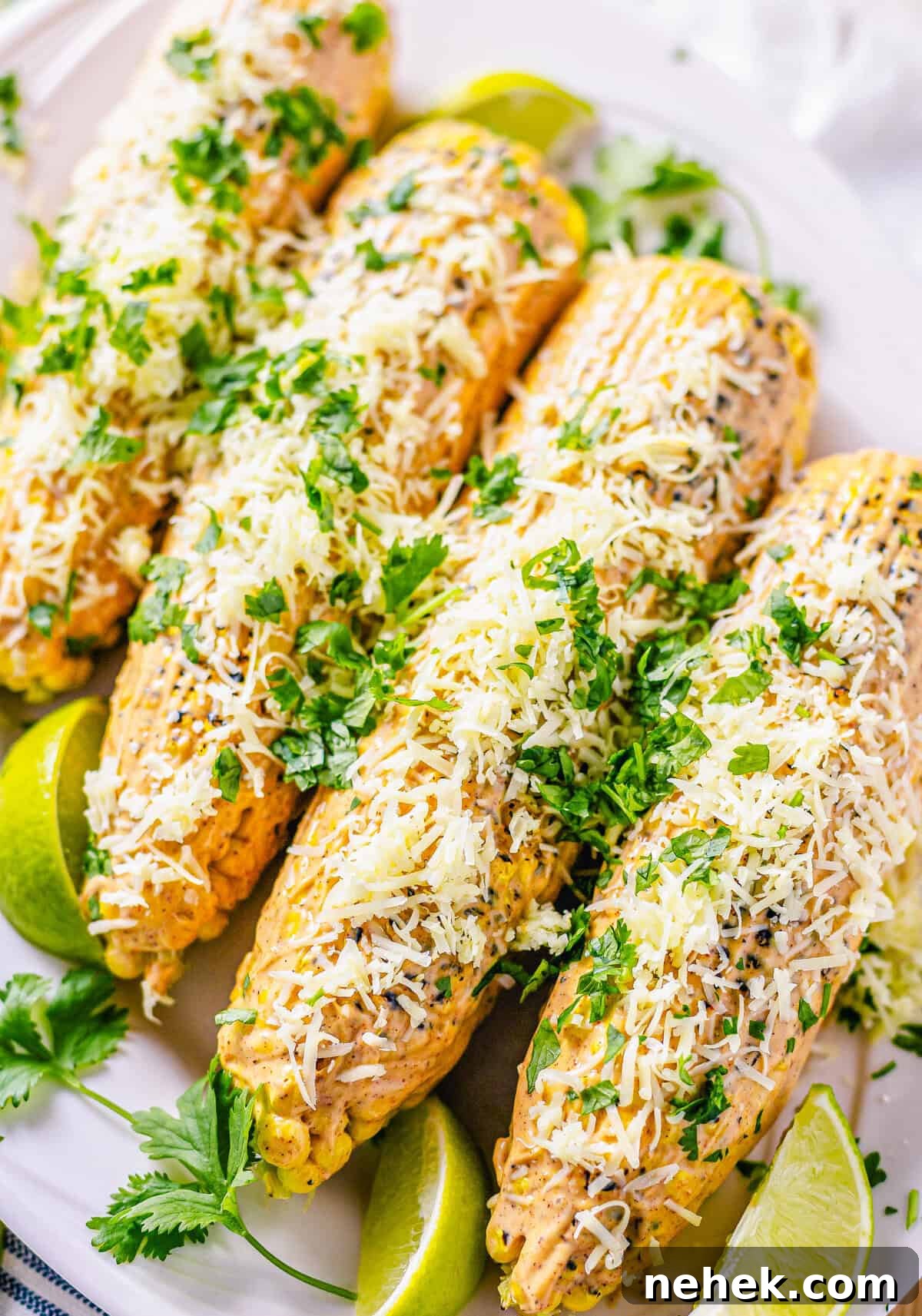 Smoky Chipotle Street Corn (Mexican Elote) Recipe 6 Close up overhead of Mexican Street Corn garnished