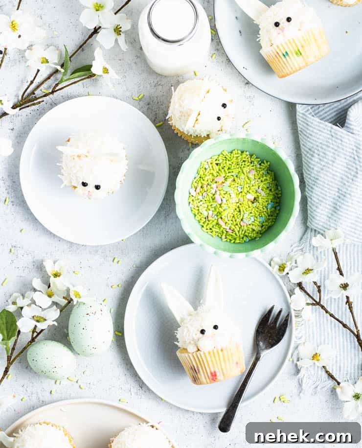 overhead view of easter bunny cupcakes on plates