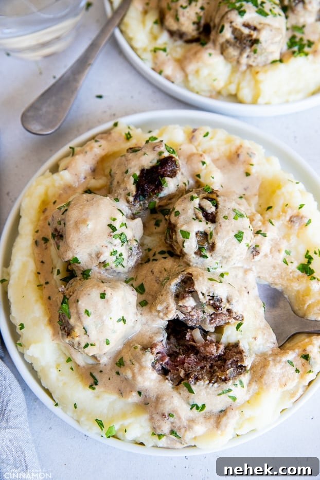 overhead shot of paleo Swedish meatballs served over cauliflower mash