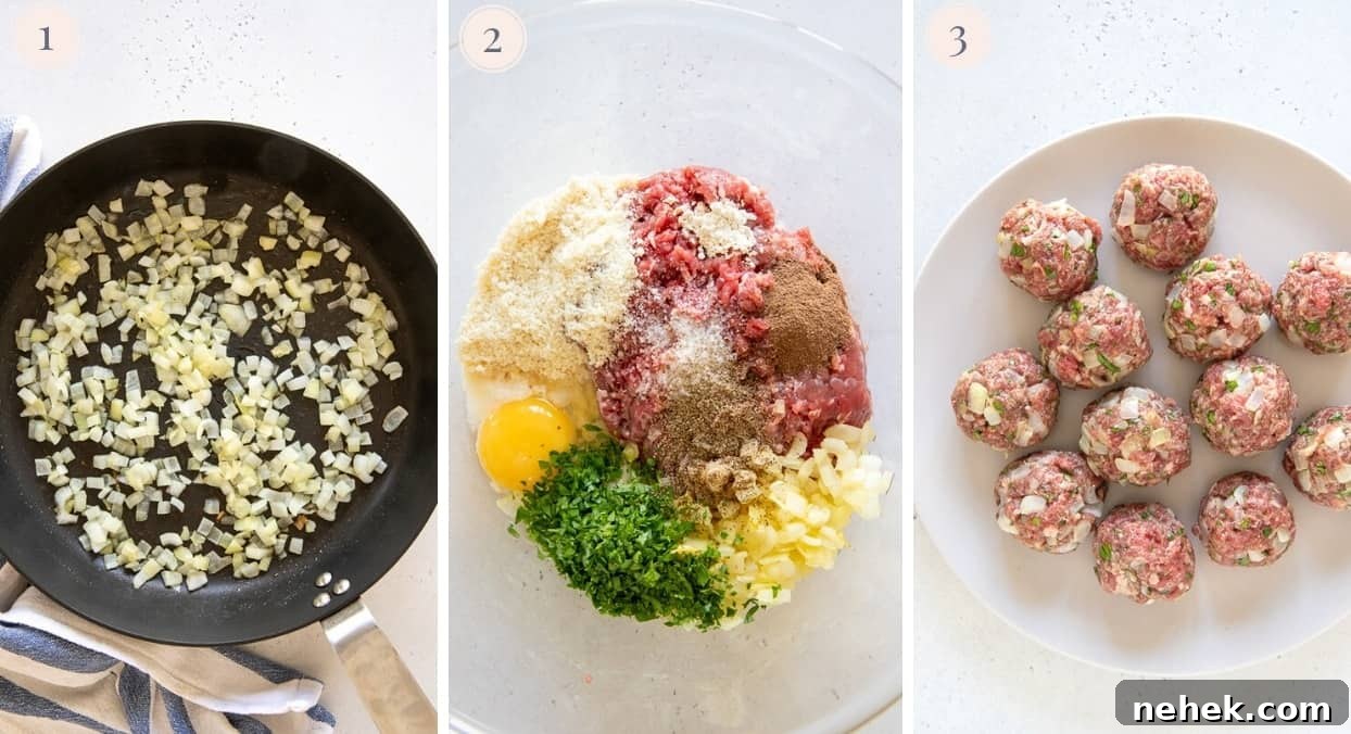 picture collage demonstrating how to make paleo meatballs with beef and almond flour 