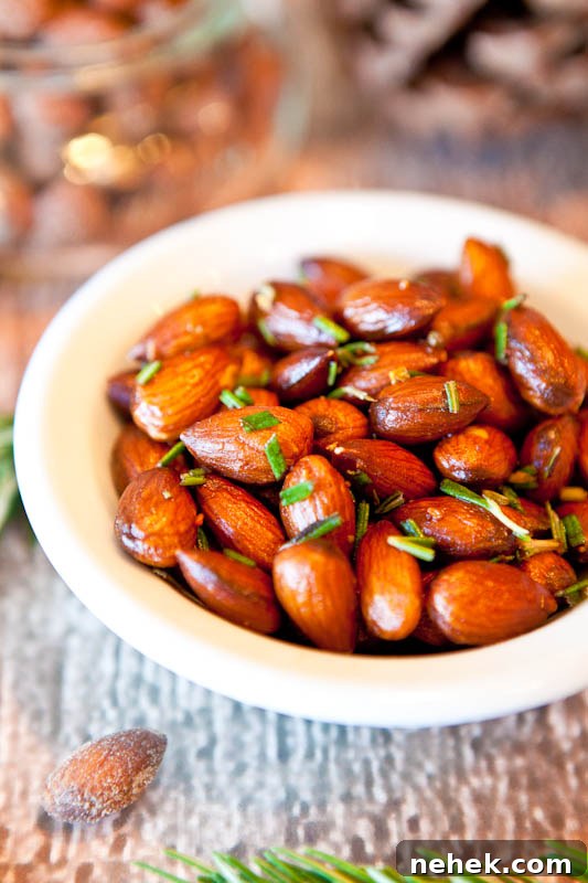 Rosemary Chipotle Roasted Almonds in white bowl