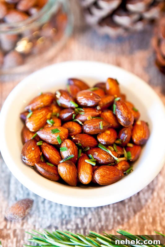 Rosemary Chipotle Roasted Almonds in white bowl 