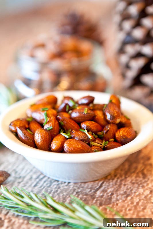 Rosemary Chipotle Roasted Almonds in white bowl 
