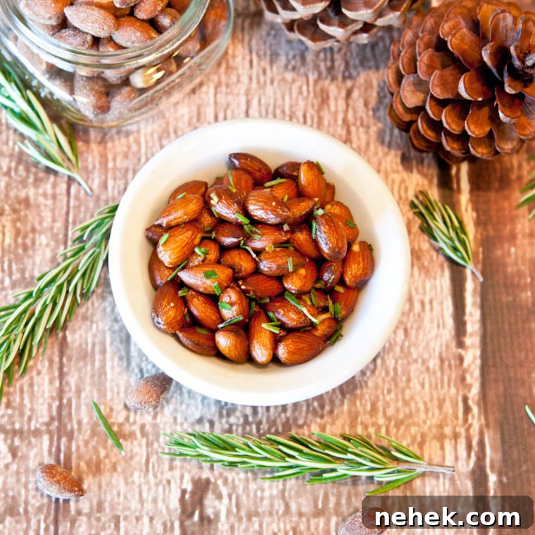 Rosemary Chipotle Roasted Almonds in white bowl 