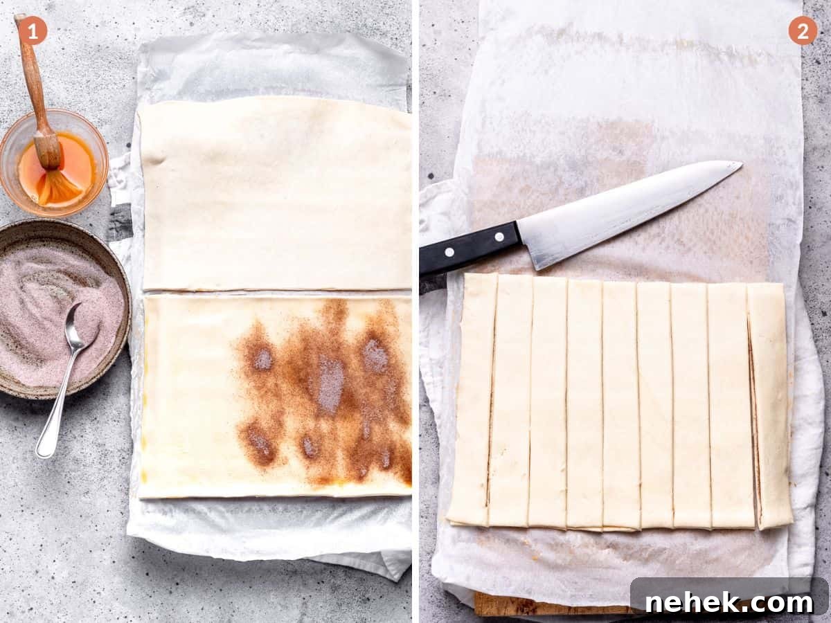 Cinnamon Puff Pastry Twists: Simple Sweet Pastry Recipe 4 Puff pastry being cut.