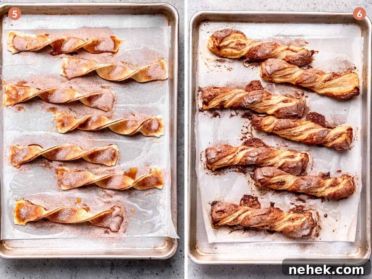 Cinnamon Puff Pastry Twists: Simple Sweet Pastry Recipe 6 Cinnamon pastries on a baking tray.