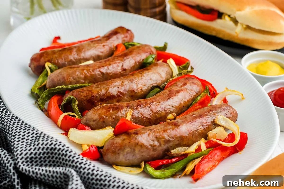 A white plate with five air fryer brats served with roasted bell peppers and onions. In the background, there is a sandwich and small bowls of mustard and ketchup.