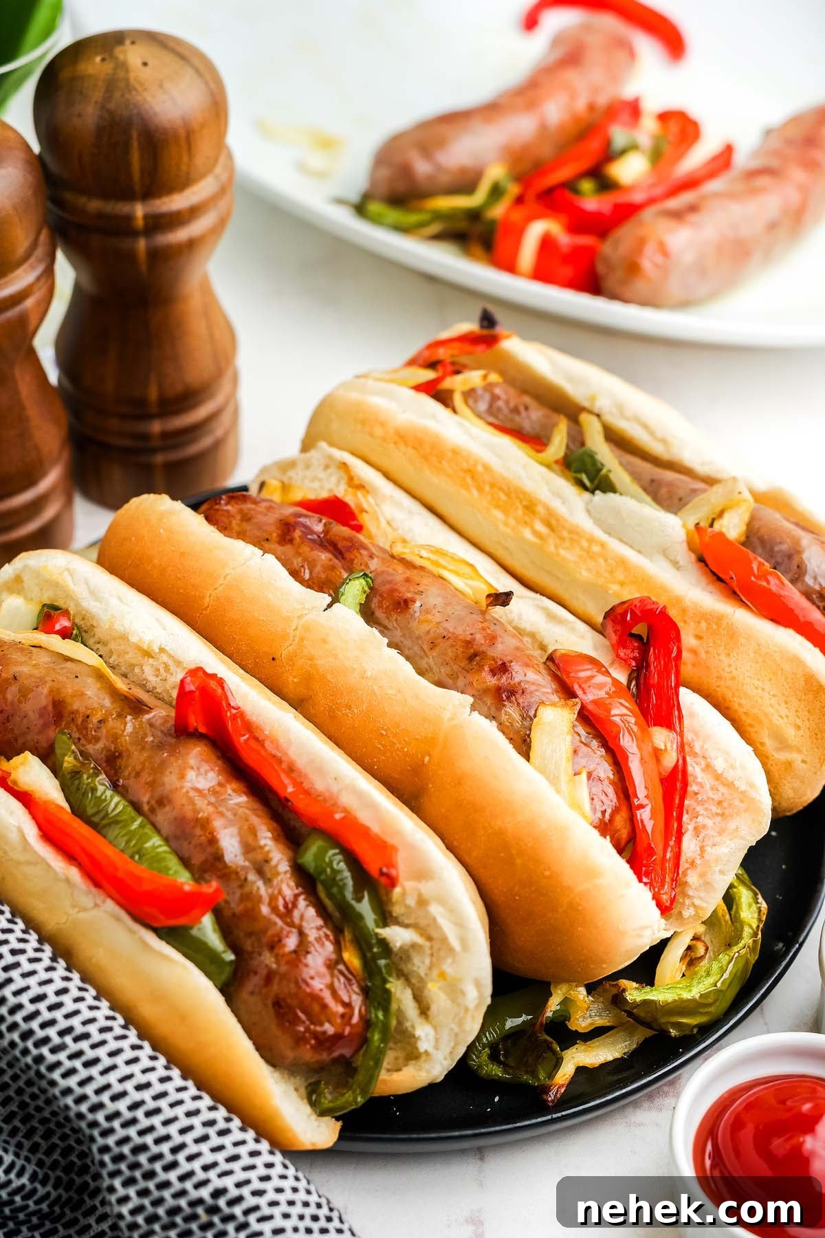 Three bratwurst sausage sandwiches with sautéed bell peppers and onions, served on a plate. A pair of salt and pepper shakers, a dish with more sausages and peppers, and a small bowl of ketchup are visible. 